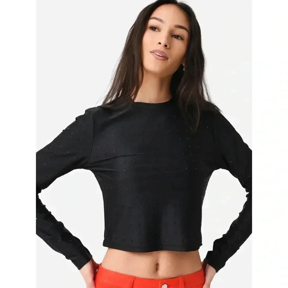 FRAME Women's Cropped Long Sleeve Rhinestone Top Size Small Color Black - Picture 3 of 8